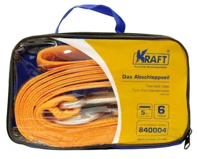 Трос буксировочный Kraft Premium лента 6 т (2 крюка, 5 м, сумка)