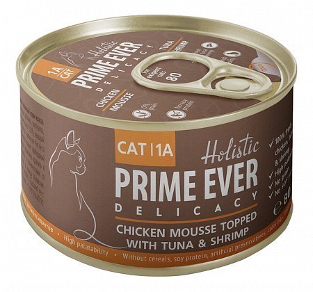 Консервы для кошек Prime Ever Delicacy Мусс 1A, цыпленок с тунцом и креветками (80 г)