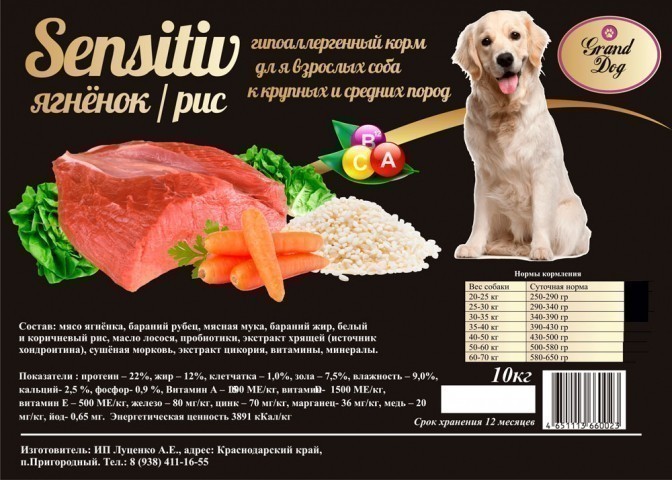 Сухой корм для собак Grand Dog Sensitive, ягненок и рис (10 кг)