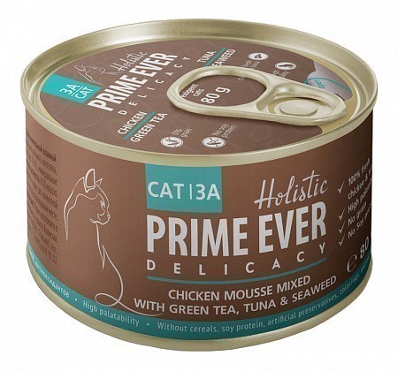 Консервы для кошек Prime Ever Delicacy Мусс 3A, цыпленок с тунцом с зеленым чаем и водорослями  (80 г)