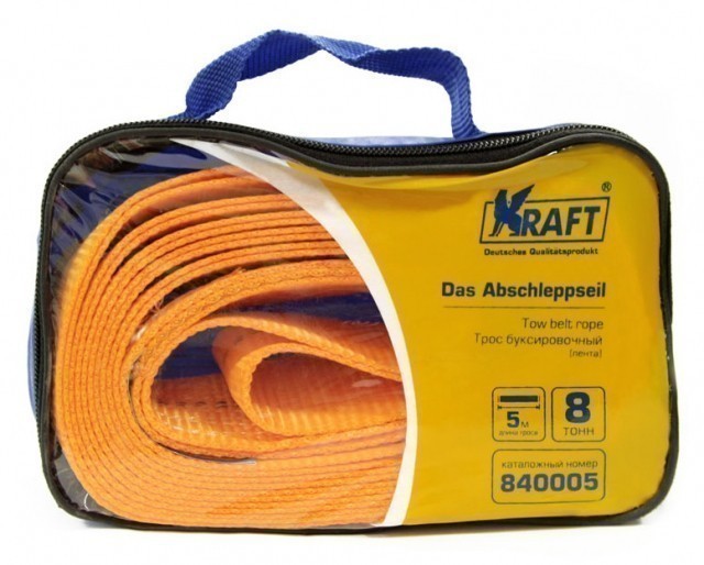 Трос буксировочный Kraft Premium лента 8 т (без крюков, 5 м, сумка)