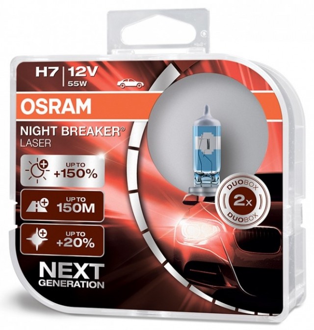 Лампы Osram H7 Night Breaker Laser (12 В, 55 Вт, +150%, блистер, 2 шт)