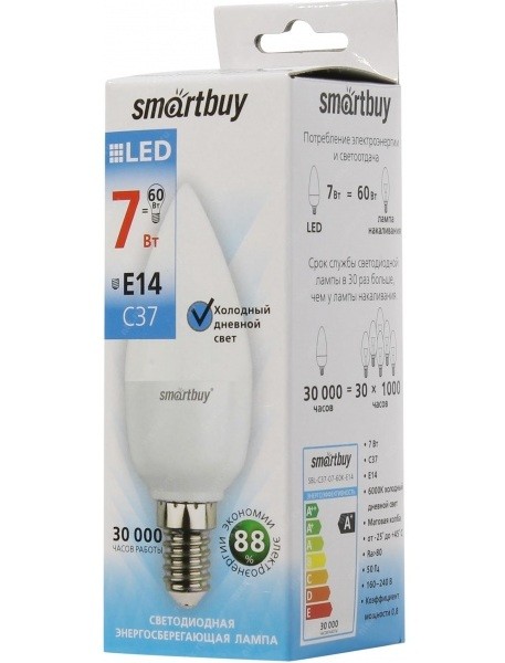 Лампа Smartbuy С37 7W 6000K E14 (550 Лм, свеча)