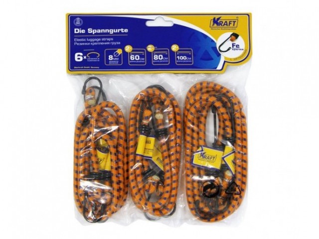 Стяжки-резинки Kraft 6 шт (2х60 см, 2x80 см, 2x100 см, метал. крючки)