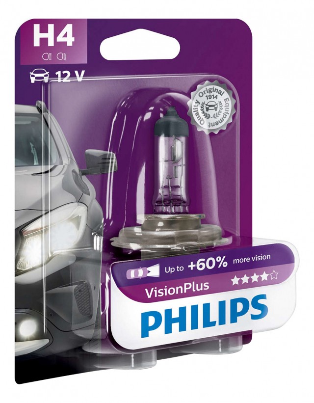Лампа Philips H4 VisionPlus (12 В, 55/60 Вт, +60%, блистер)