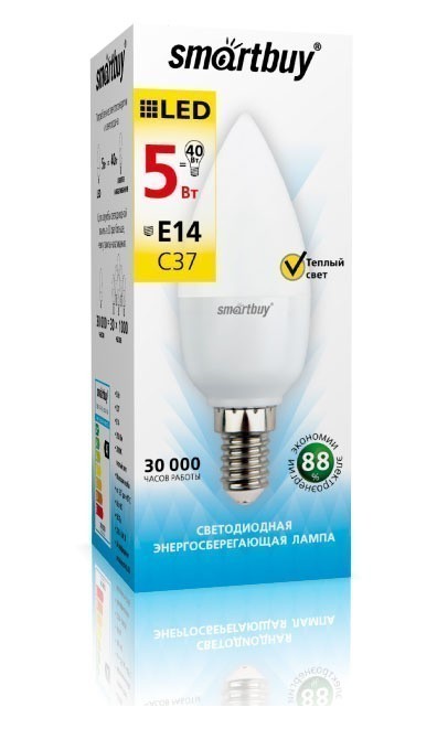 Лампа Smartbuy С37 5W 3000K E14 (450 Лм, свеча)