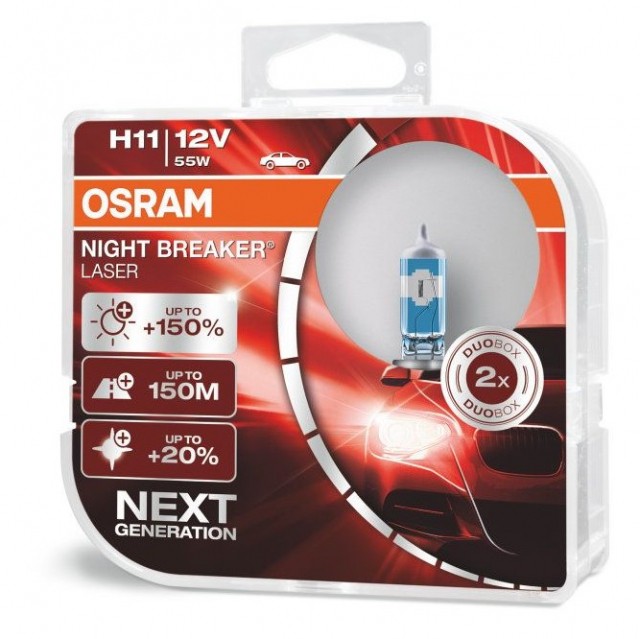 Лампы Osram H11 Night Breaker Laser (12 В, 55 Вт, +150%, блистер, 2 шт)