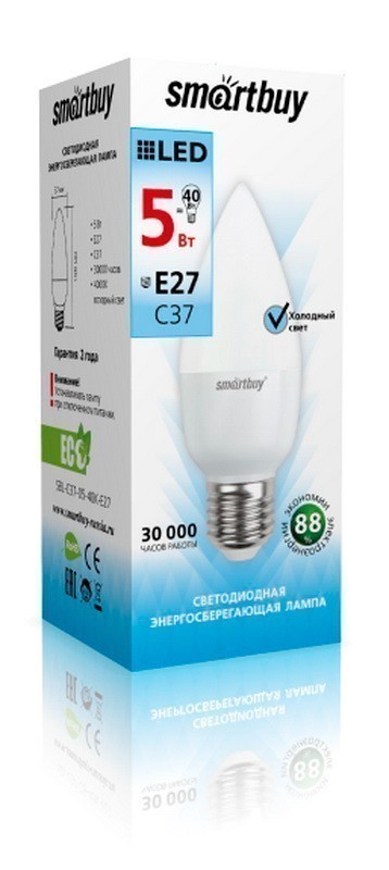 Лампа Smartbuy С37 5W 4000K E27 (400 Лм, свеча)