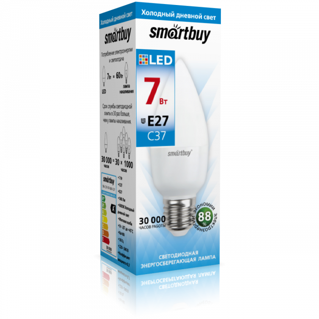 Лампа Smartbuy С37 7W 6000K E27 (560 Лм, свеча)