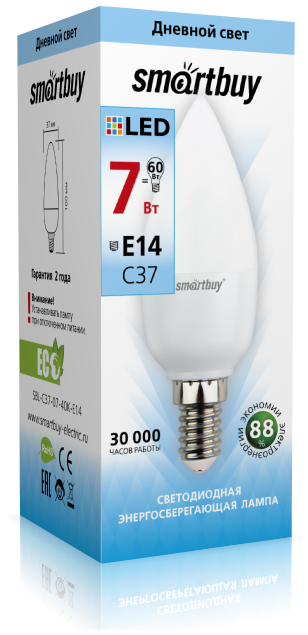 Лампа Smartbuy С37 7W 4000K E14 (550 Лм, свеча)