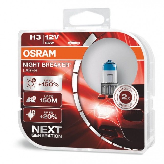 Лампы Osram H3 Night Breaker Laser (12 В, 55 Вт, +150%, блистер, 2 шт)