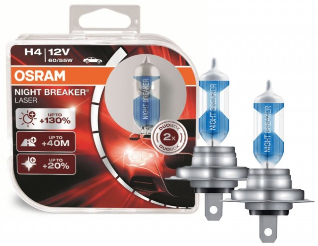 Лампы Osram H4 Night Breaker Laser (12 В, 55/60 Вт, +150%, блистер, 2 шт)
