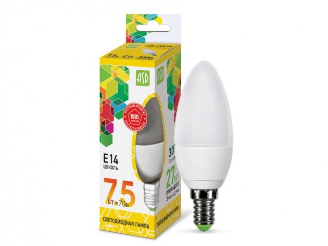 Лампа ASD LED-E14-С-standard 7,5W 3000К (670 Лм, свеча)
