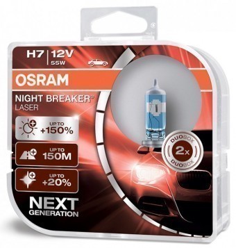 Лампы Osram H7 Night Breaker Laser (12 В, 55 Вт, +150%, блистер, 2 шт)