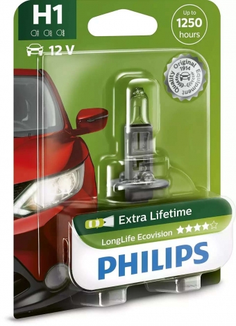Лампа Philips H1 LongLife EcoVision (12 В, 55 Вт, блистер)