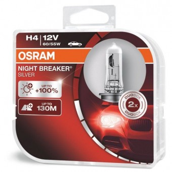 Лампы Osram H4 Night Breaker Silver (12 В, 55/60 Вт, +100%, блистер, 2 шт)